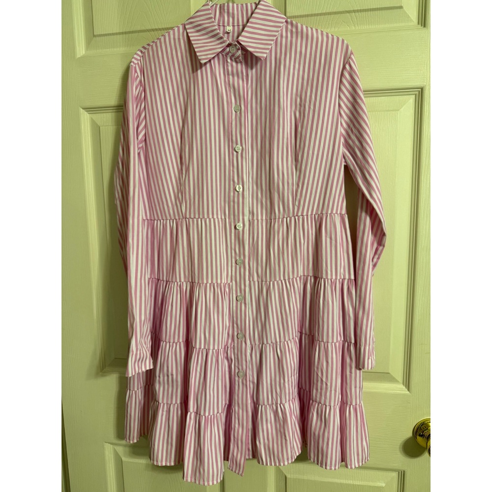 Pink White Striped Tiered Button Down Shirt Dress Long Sleeve Mini Dress Medium